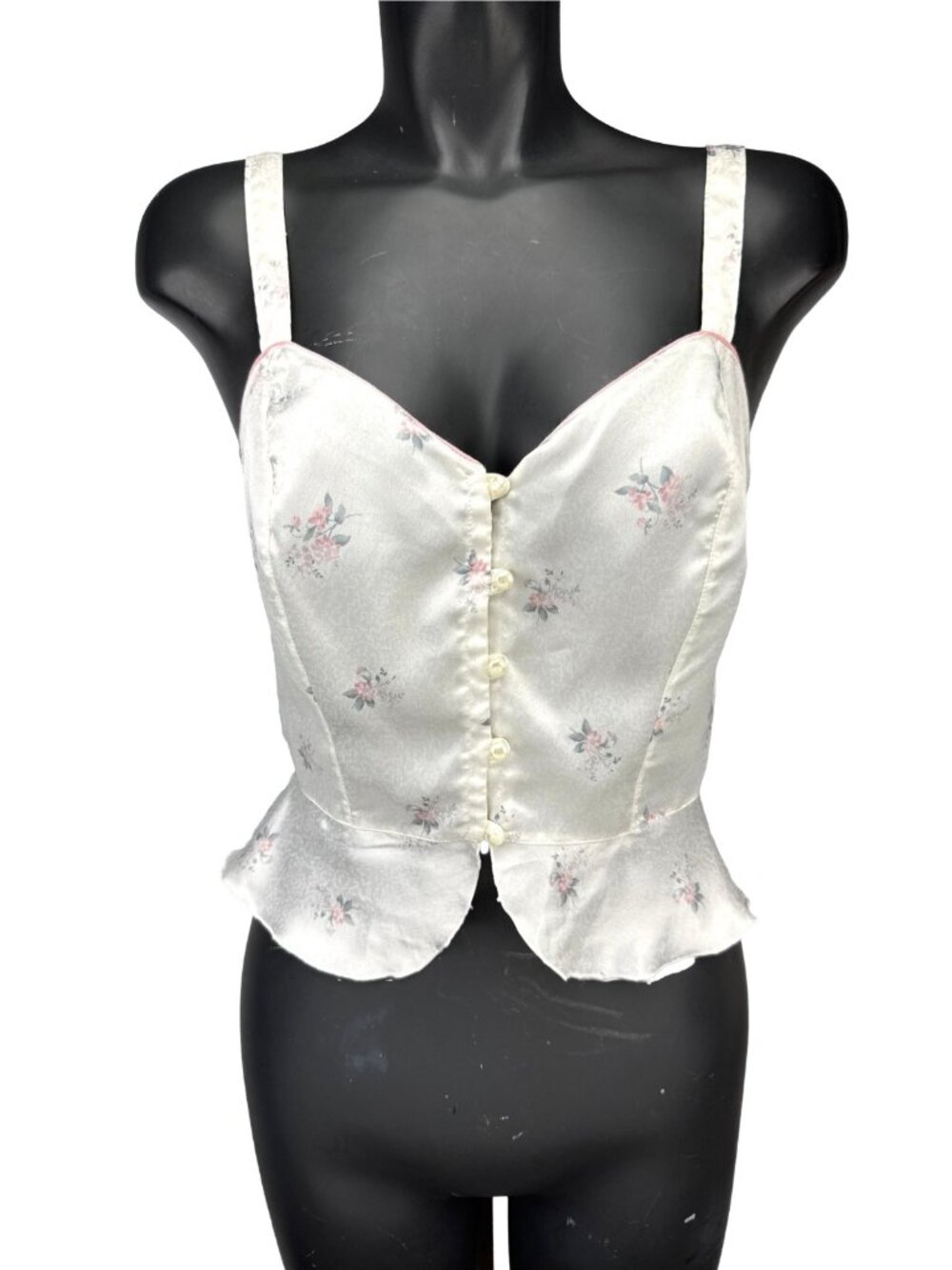 Vintage Peplum French Lingerie Floral Satin Romantic Button Up Cami‎ Top Size S